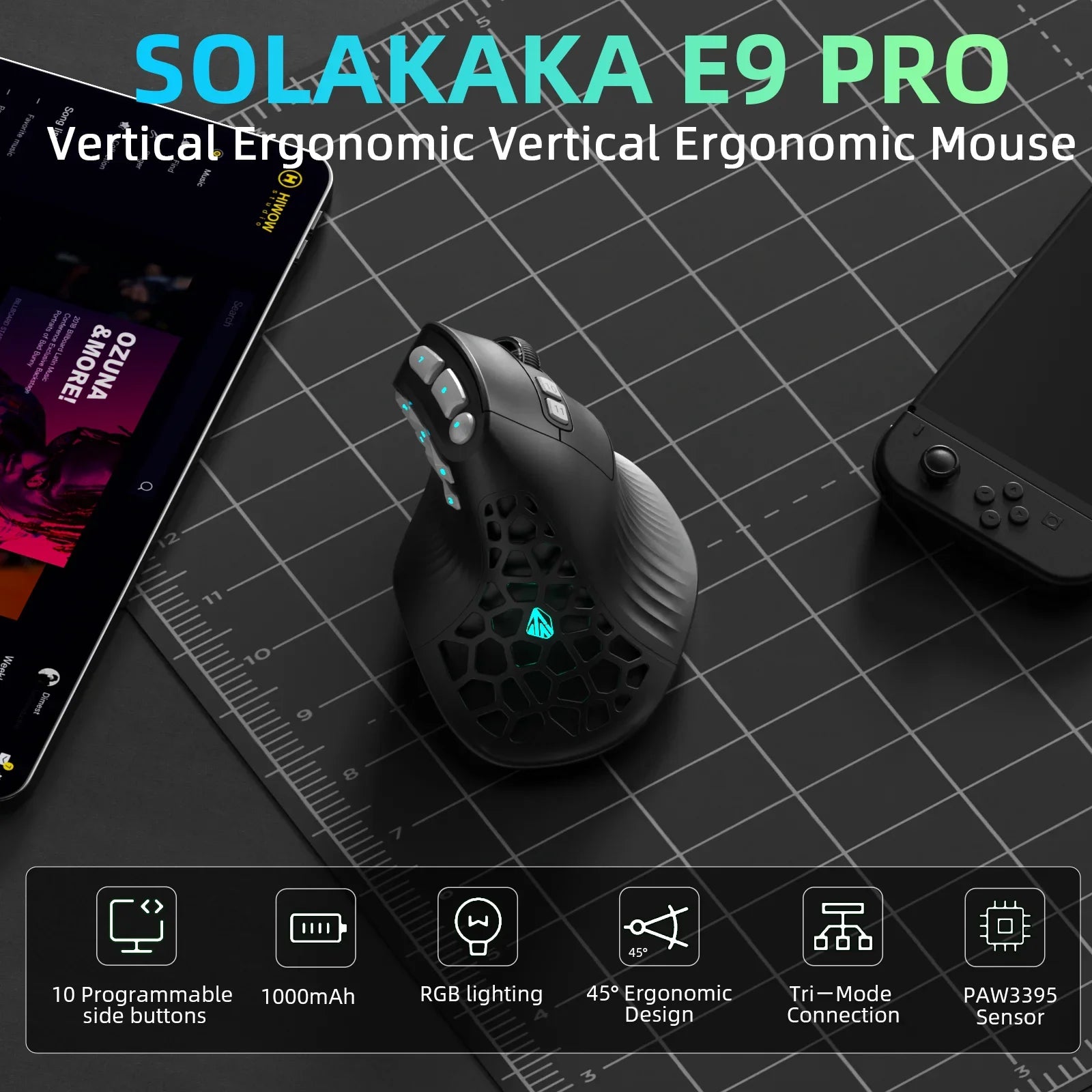 SOLAKAKA E9 Pro MMO Vertical Gaming Mouse – PAW3395, 15 Buttons, 36000 DPI, Tri-Mode