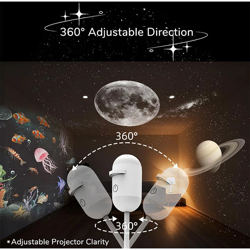 2-in-1 Mini Galaxy Star Projector – 360° Rotating, Sliding Films, Starry Sky Night Light