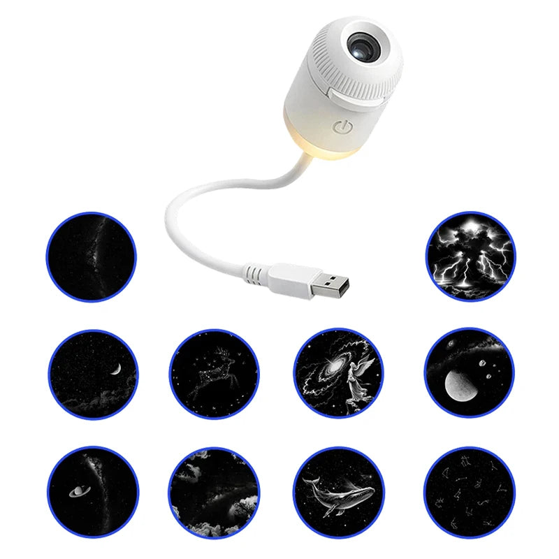 2-in-1 Mini Galaxy Star Projector – 360° Rotating, Sliding Films, Starry Sky Night Light