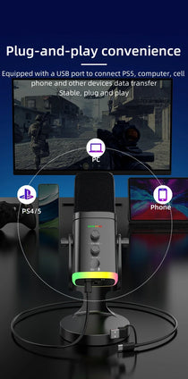 RGB Gaming Microphone – USB-C & XLR, Noise Cancellation, Reverb, 3.5mm Monitor