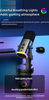 RGB Gaming Microphone – USB-C & XLR, Noise Cancellation, Reverb, 3.5mm Monitor