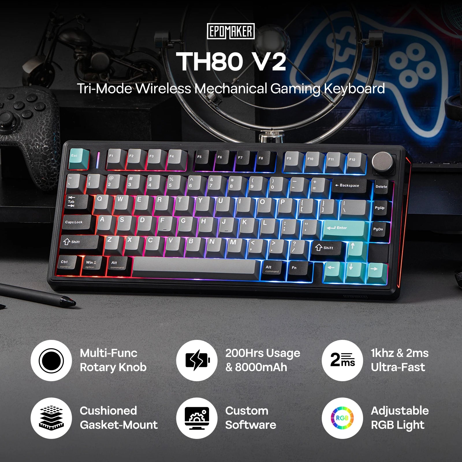 EPOMAKER TH80 V2 Mechanical Keyboard – 75%, Tri-Mode, 8000mAh, Gasket Mount, RGB Secondary image
